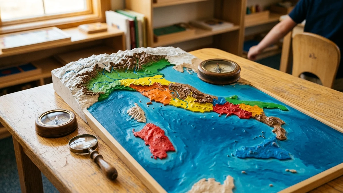 Modello orografico tridimensionale dell'Italia con rilievi montuosi alpini e appenninici e bussola didattica