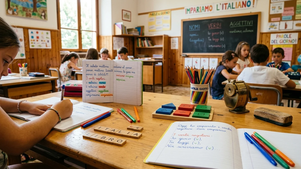 Laboratorio scolastico di grammatica italiana con quaderni evidenziati, tessere di lettere e colori dell'analisi logica